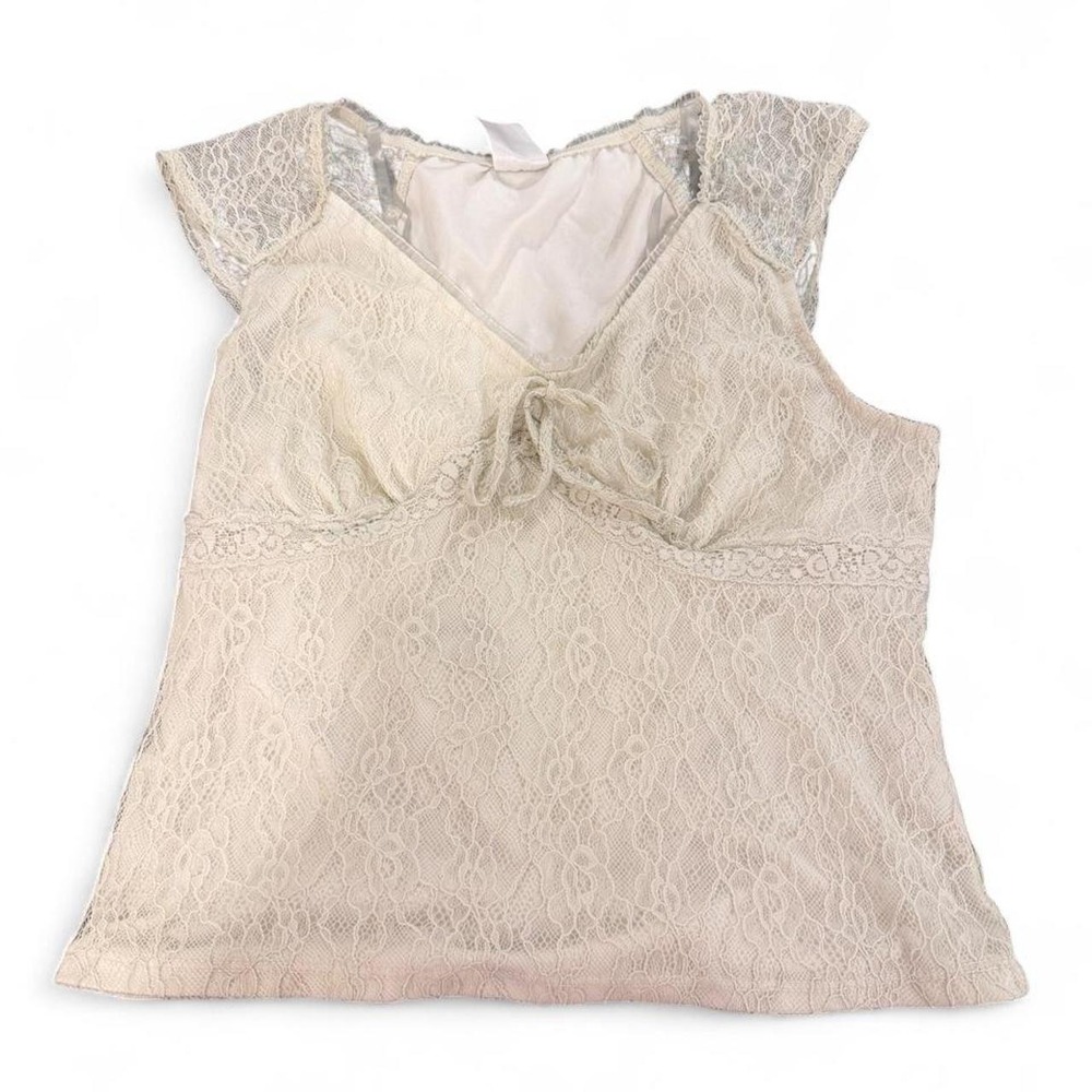No Boundaries Cream Lace Cap Sleeve V-Neck Tie Front Top Juniors Large 11-13